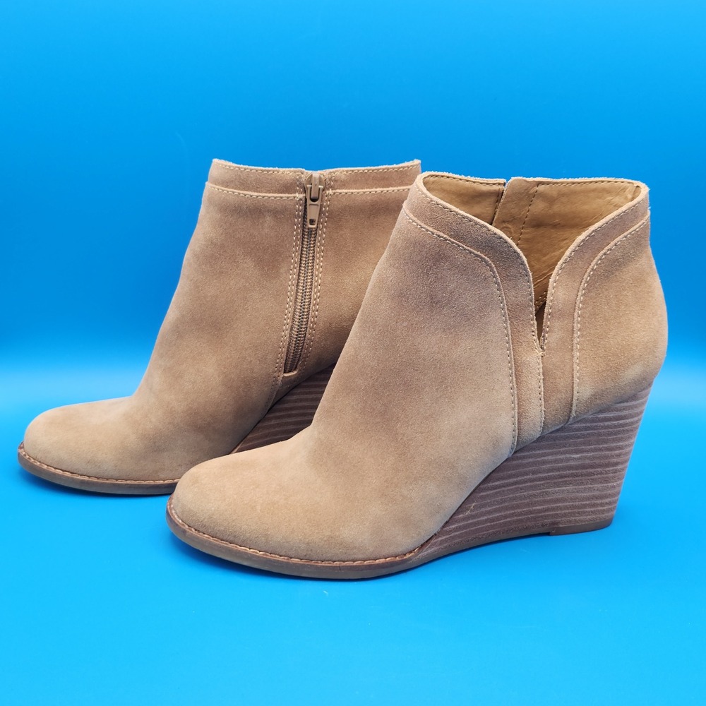 Lucky Brand Women's Tan Sesame Yimina Suede Wedge Ankle Booties size 8